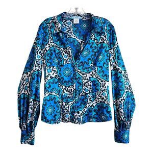 MARCIANO by GUESS Women L Silk Blouse Blue Paisley Print Corset Stays & Hooks 38
